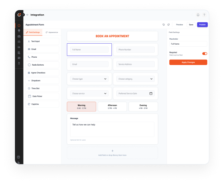 Form Builder interface showing appointment form fields and settings
